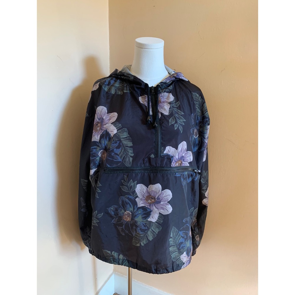 Thread & Supply Floral Anorak Windbreaker Jacket Black L Zipper Kangaroo Pocket